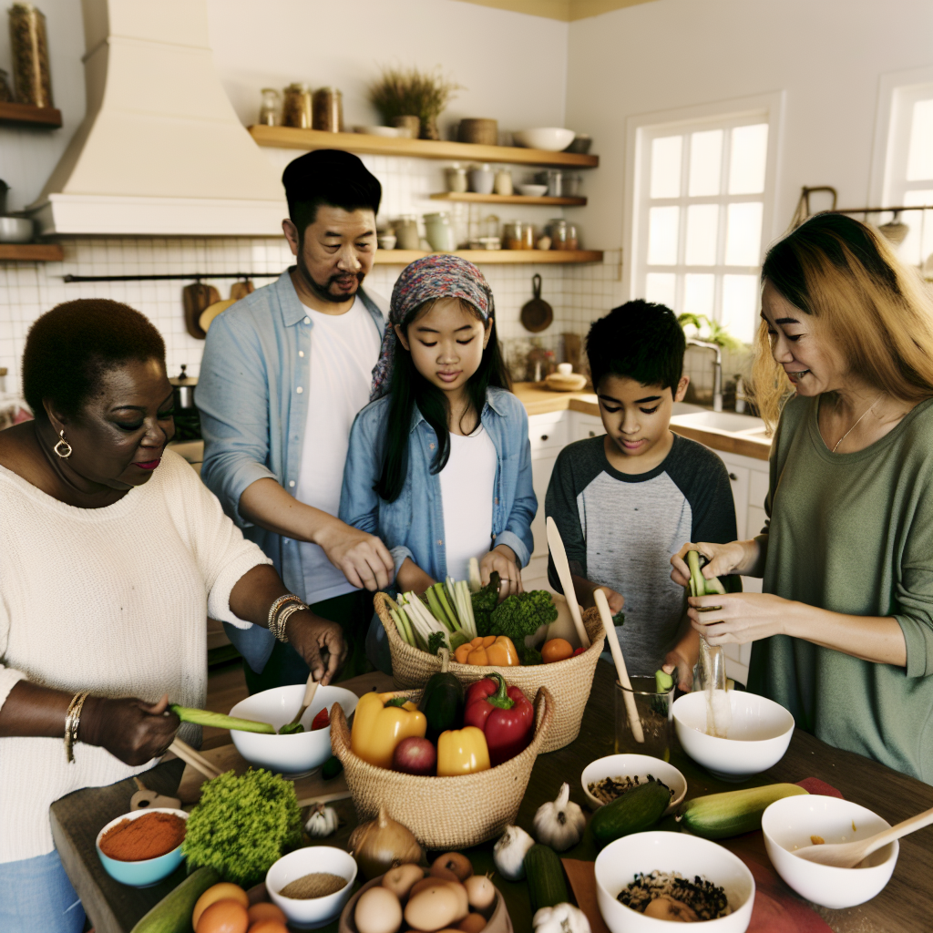 Family Cooking Together A family cooking together in the kitchen, using fresh ingredients, with a calming color palette.