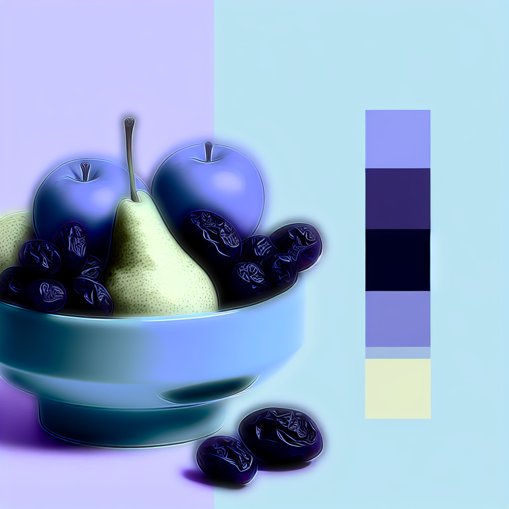 High-Fiber Fruits for Kids' Digestive Health A colorful bowl of high-fiber fruits like prunes and pears that can help alleviate constipation in children, featuring soft purples and blues.