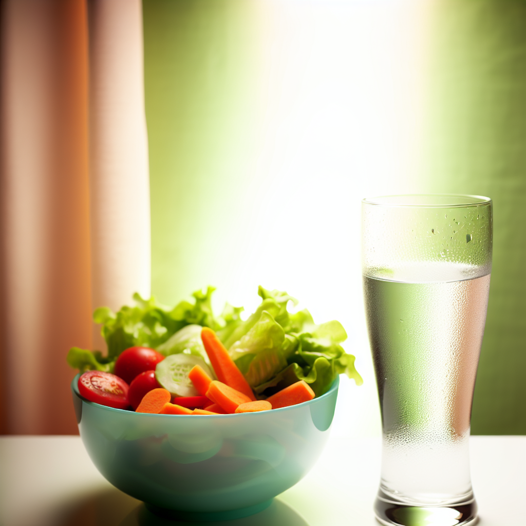Hydration and Vegetables for Constipation Relief A refreshing glass of water and a bowl of mixed vegetables, emphasizing hydration and nutrition for preventing constipation in children, with calming colors.