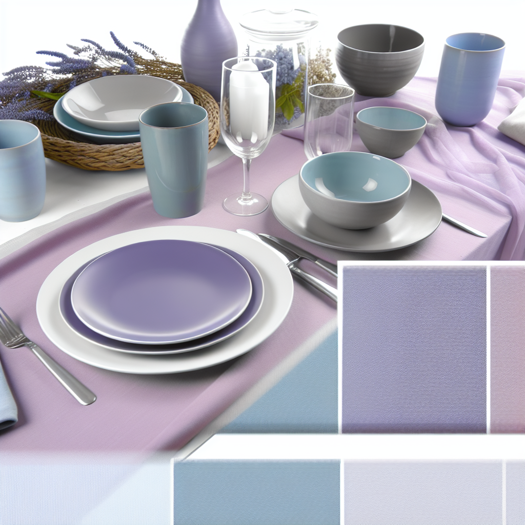 Relaxing mealtime setting for slow eaters A serene dining table set for a family meal, featuring calming colors like soft purples and blues.