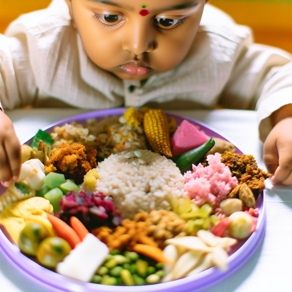 Encouraging exploration of food for children A child exploring various foods on a colorful plate, showcasing engaging meal options in peaceful hues.