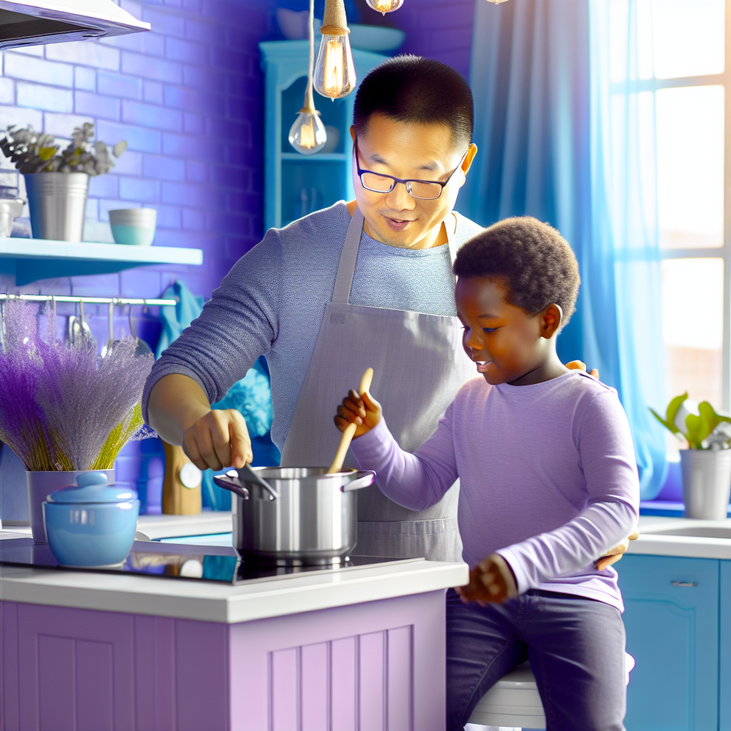 Bonding through cooking with your child A parent and child cooking together in a bright kitchen, filled with soft purples and blues for a calming environment.