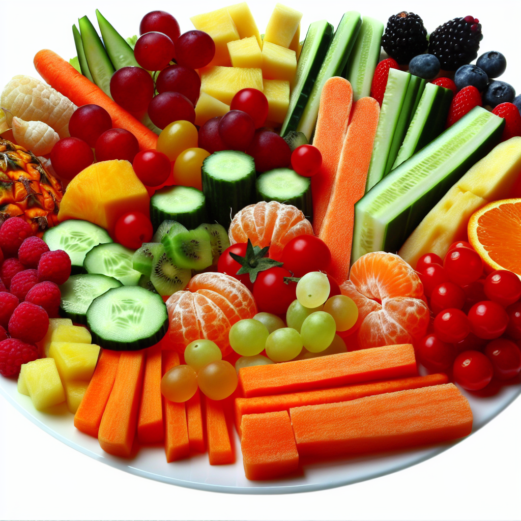 Healthy snacks promoting better eating habits in children A colorful plate of healthy snacks like fruits and vegetables arranged in a fun way, promoting healthy eating in children.
