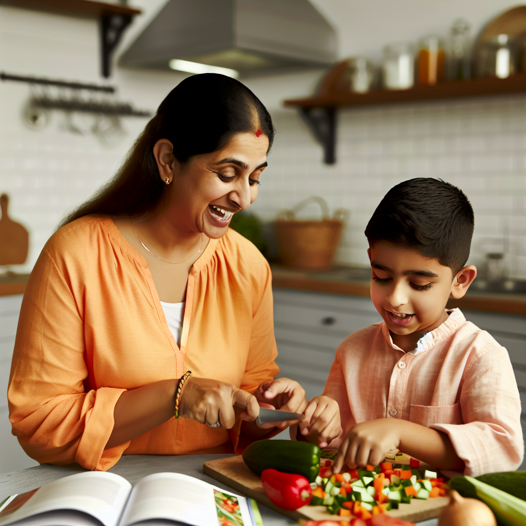 Family cooking time encourages healthy eating A parent and child cooking a healthy meal together, showcasing family bonding and nutrition education.