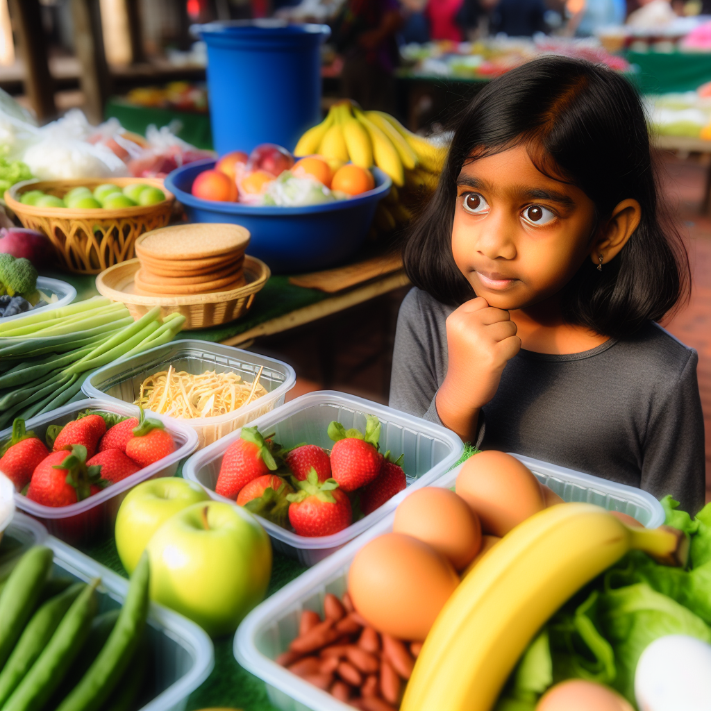 Encouraging children to choose healthy food options A child thoughtfully looking at a variety of healthy food options, illustrating nutrition choices.