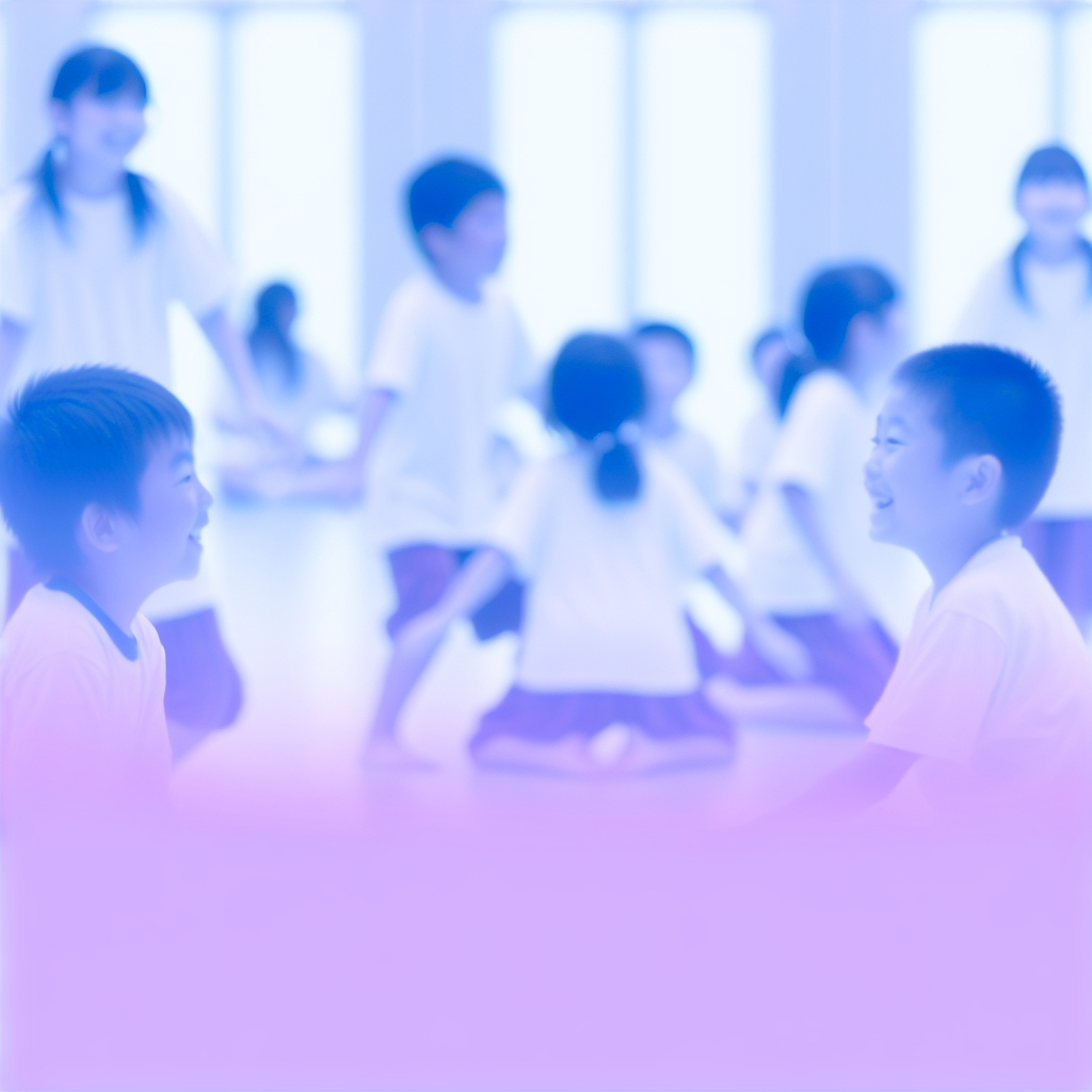 Kids Exercising Indoors with Joy Children laughing and enjoying a fun indoor workout session in a soft purple and blue environment.