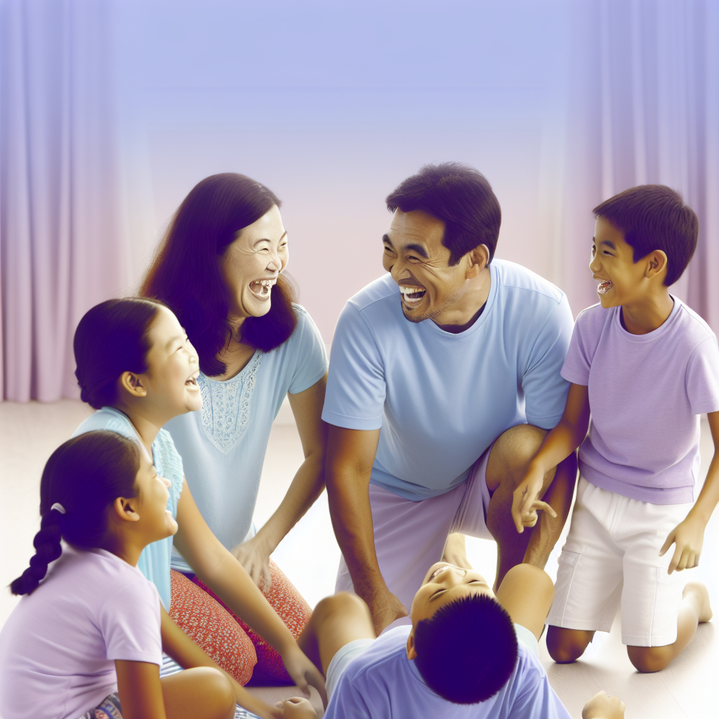 Family Engaging in Indoor Exercise A family participating in a fun indoor exercise game together, highlighted with calming colors like soft purples and blues.