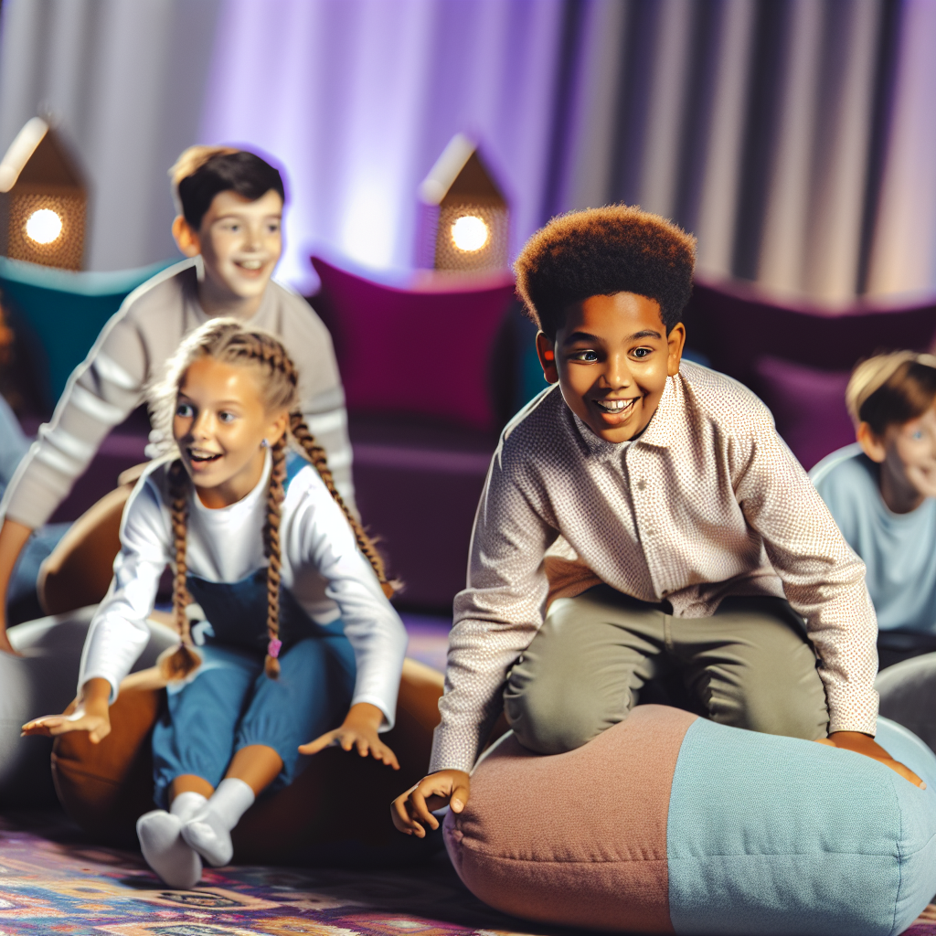 Kids Balancing and Playing Indoors Kids balancing on cushions while playing indoor games in a relaxing ambiance of soft purples and blues.