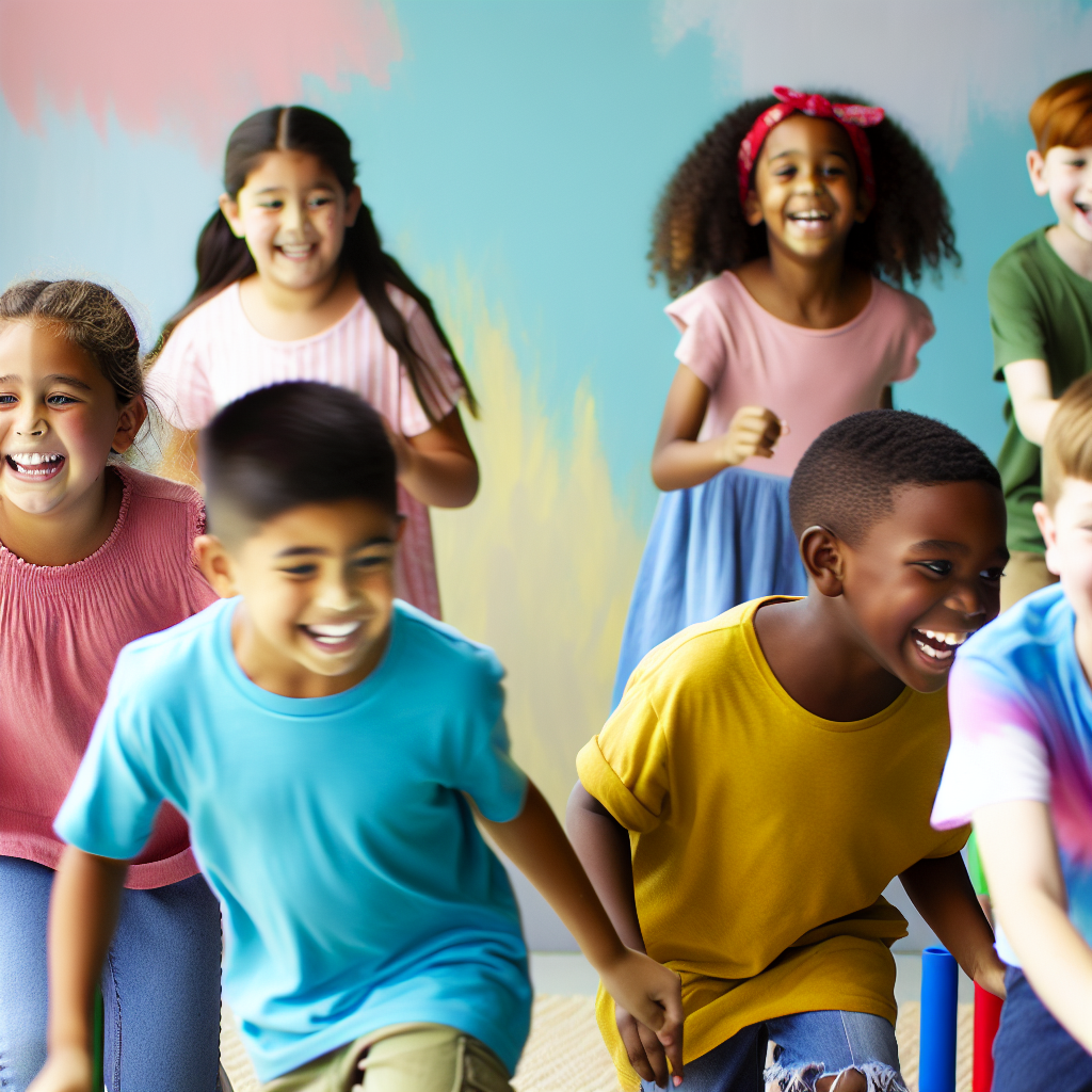 Fun relay races for children's outdoor activities A group of kids playing a relay race, filled with joy and laughter in calming colors.
