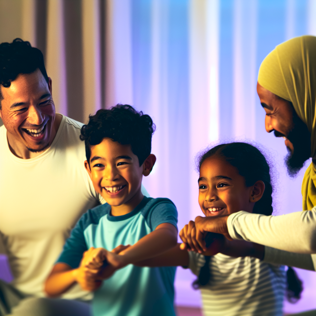 Family Fun Workout at Home A family engaging in a fun home workout, showcasing teamwork and joy, with soft purples and blues in the background.