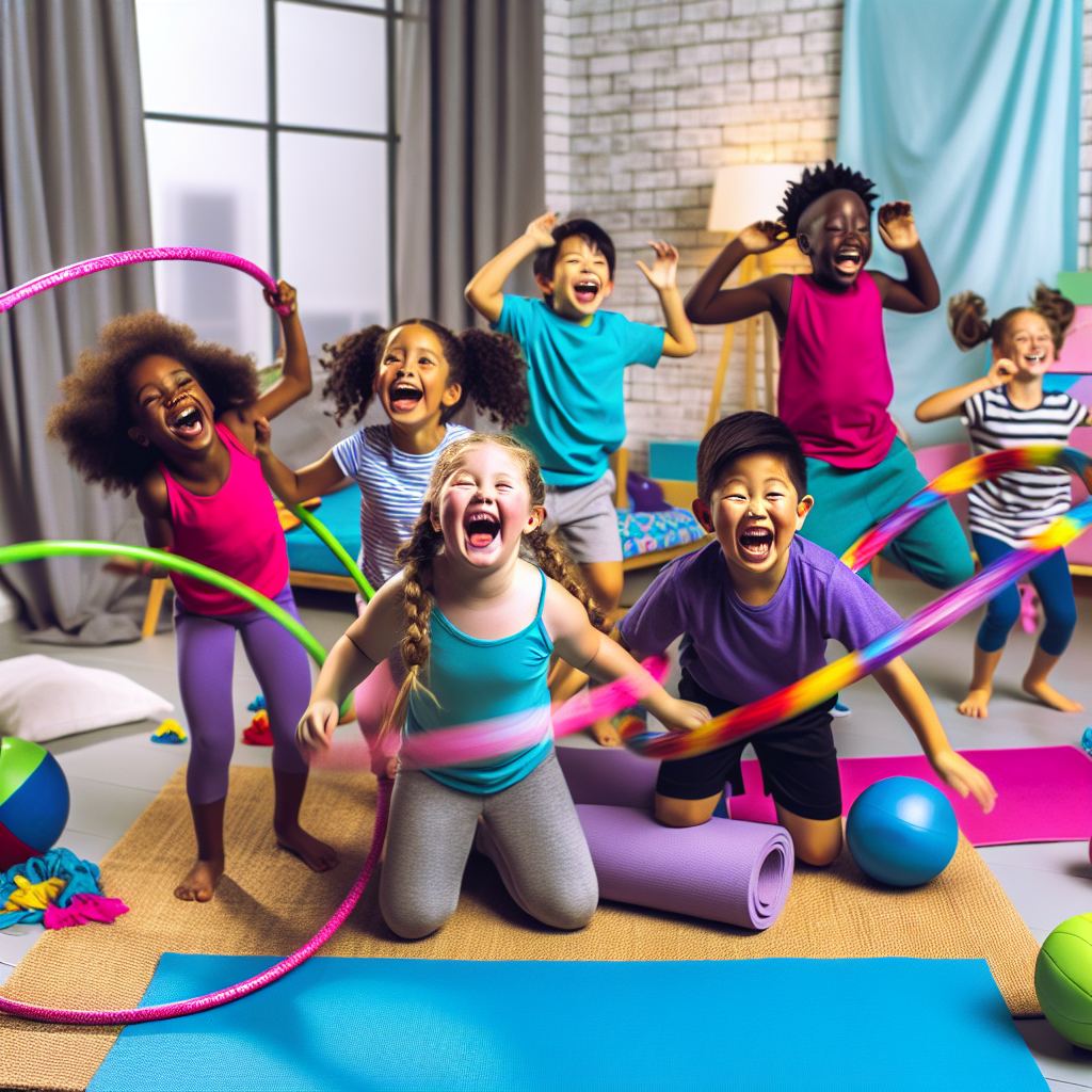 Kids Enjoying Indoor Exercise Children laughing while participating in an indoor exercise session with colorful mats and props, in calming colors like purple and blue.