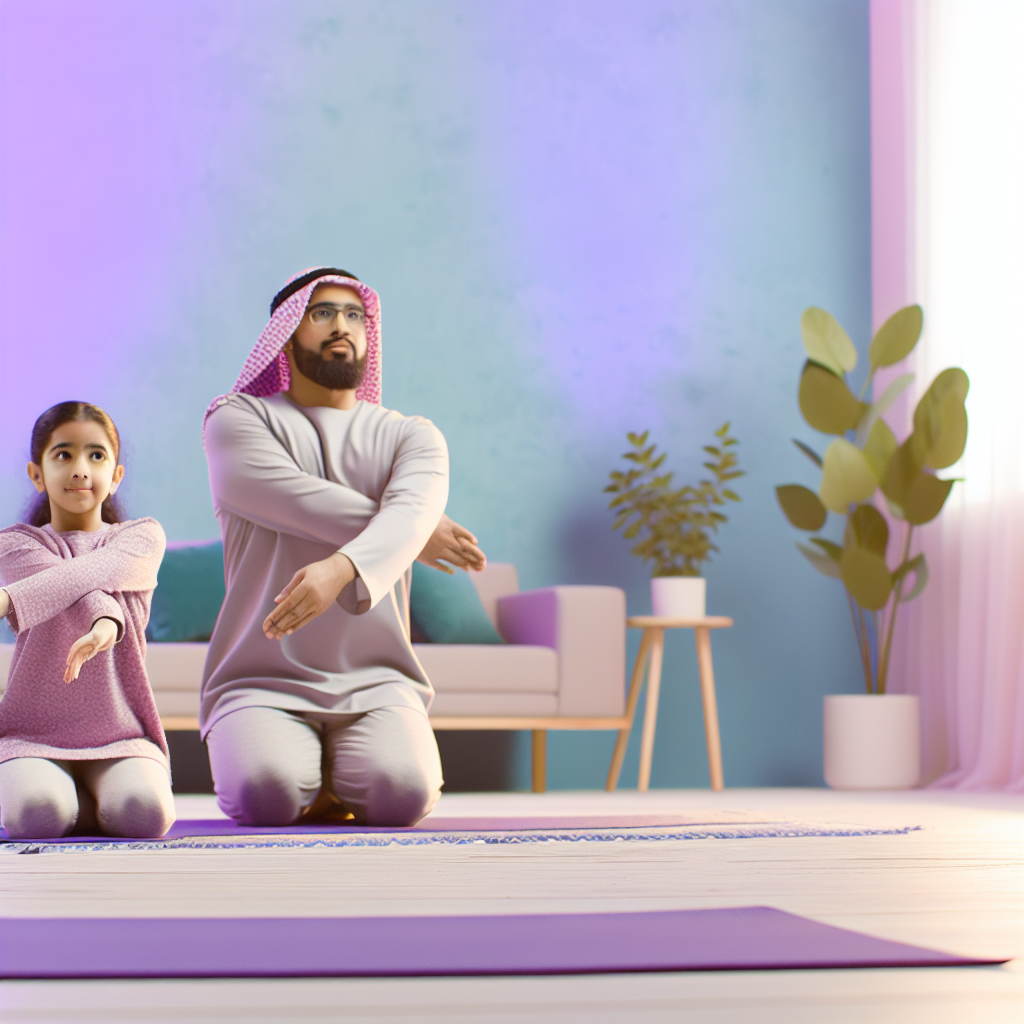 Parent-Child Yoga Session A parent and child performing yoga together on mats at home, surrounded by a serene atmosphere with soft purples and blues.