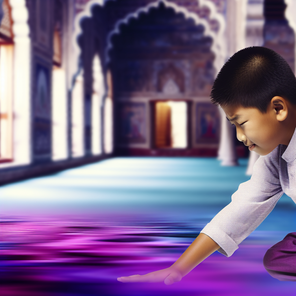 Child practicing yoga for focus and flexibility A child practicing yoga in a calming environment with soft purples and blues, demonstrating focus and flexibility.