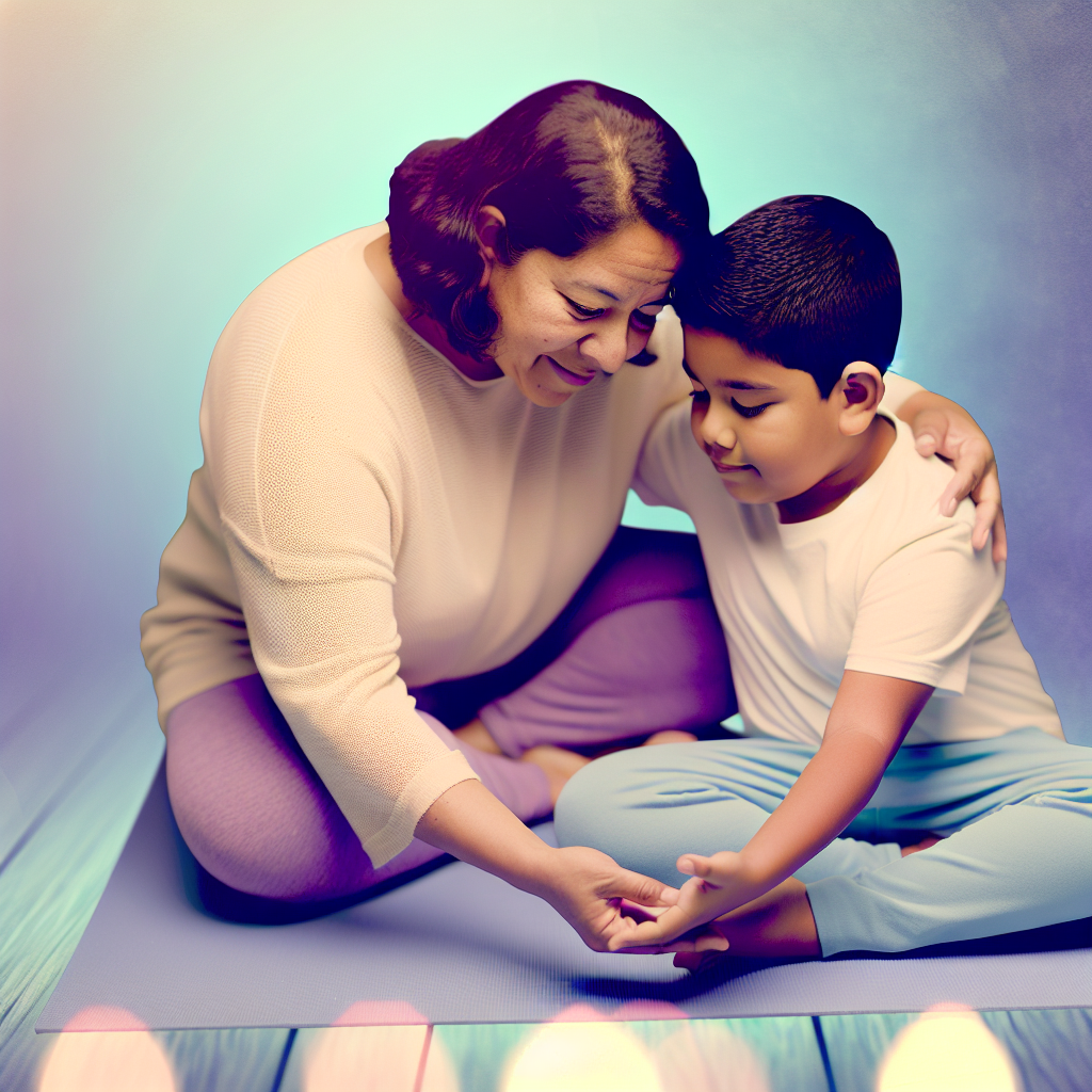 Parent and child enjoying yoga together A parent and child engaging in yoga together, surrounded by calming colors, showcasing bonding and mindfulness.
