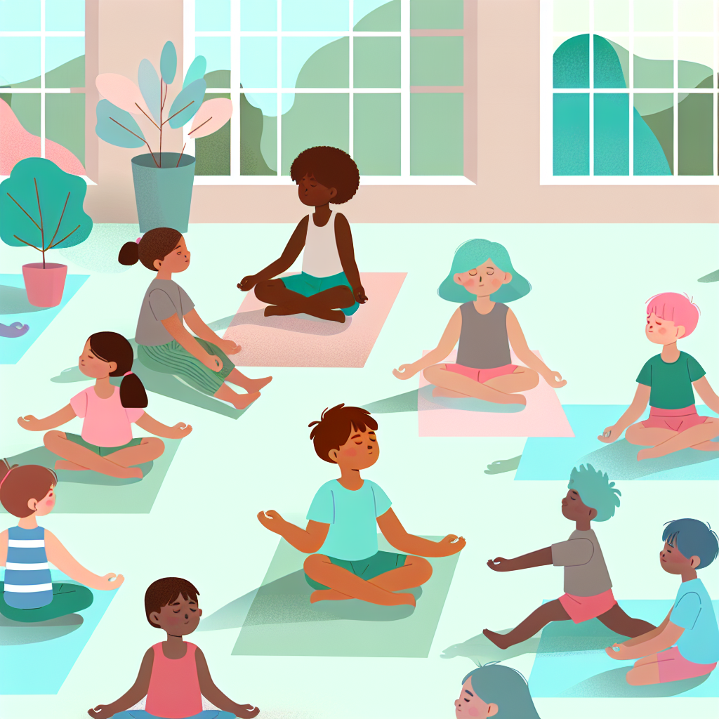 Peaceful yoga session for kids A peaceful yoga session for kids, featuring calming colors and a focus on relaxation and mindfulness.