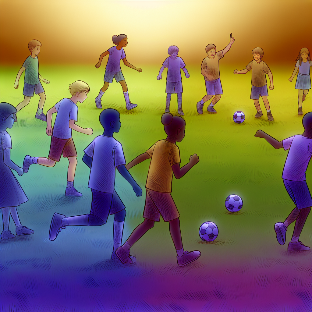 Children Playing Soccer: Teamwork and Physical Activity Children playing soccer on a field, showcasing teamwork and physical activity in calming colors like soft purples and blues.