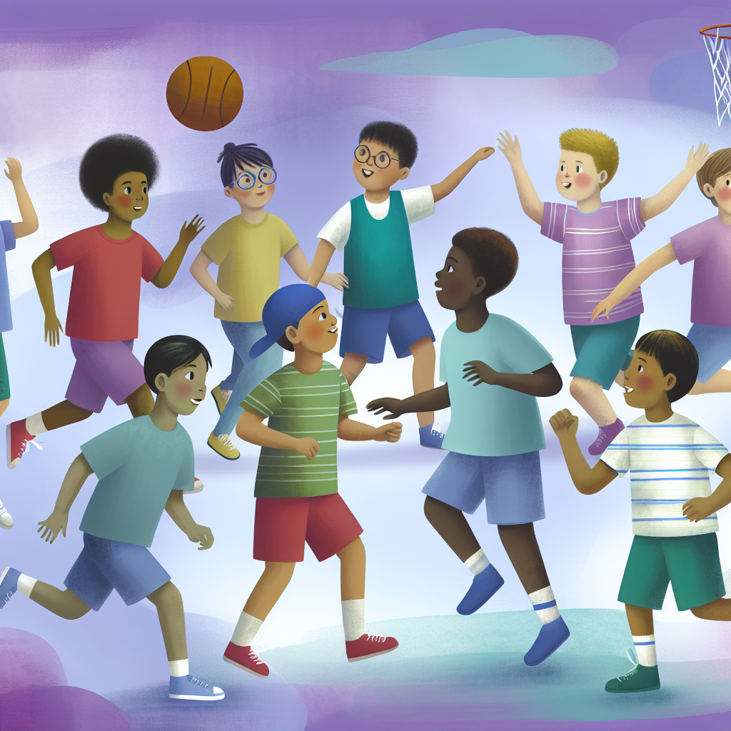 Kids Playing Basketball: Fitness and Teamwork Kids engaged in a basketball game, demonstrating teamwork and physical fitness in soft purples and blues.