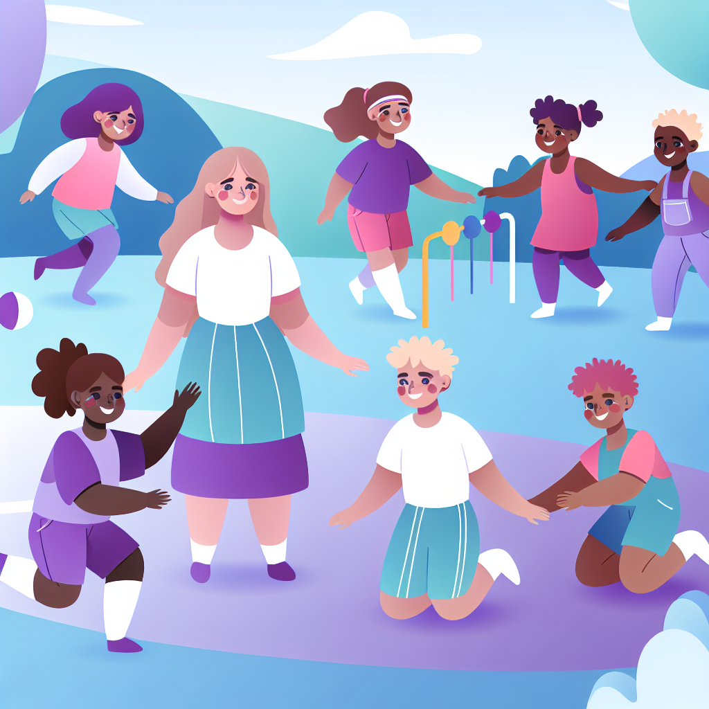 Children Engaging in Outdoor Play A group of children playing outdoors, showcasing the benefits of physical activity in a vibrant and engaging environment with calming soft purples and blues.