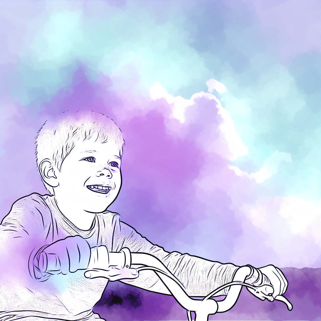 Child Riding a Bike Happily A child riding a bike while smiling, representing the importance of daily exercise for children's health with calming soft purples and blues.