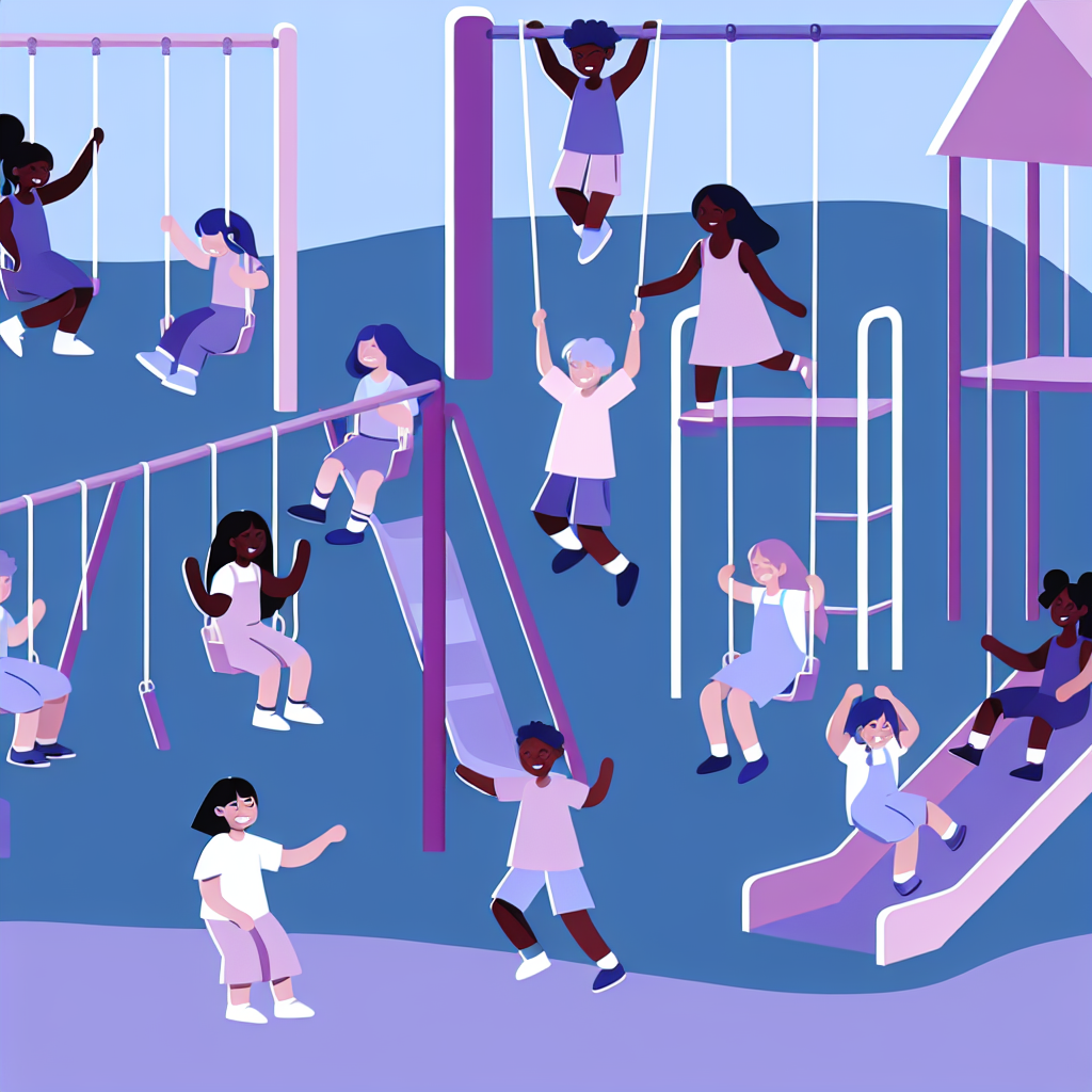 Kids forming friendships during playground activities. Kids interacting and making friends while playing on playground equipment, surrounded by calming colors like soft purples and blues.