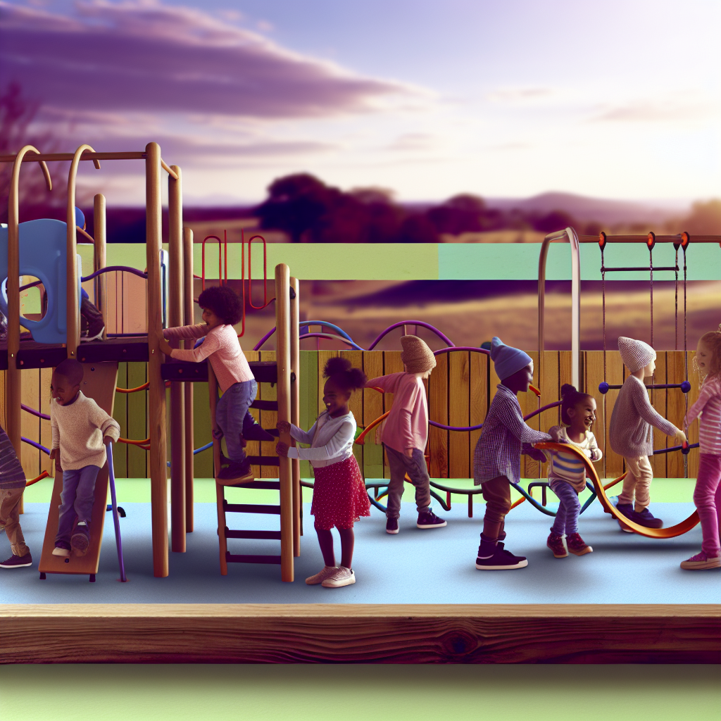 Children collaborating and playing together at a playground. A diverse group of children collaborating on a playground adventure, set against a peaceful soft purple and blue backdrop.