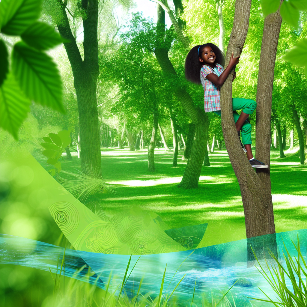 Child climbing a tree in a park A child climbing a tree in a lush green park, illustrating the adventurous spirit of outdoor play, surrounded by calming colors.