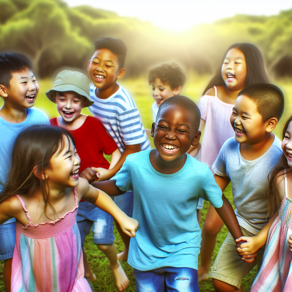 Children playing together outdoors A diverse group of children playing together in a field, highlighting the social aspect of outdoor fun in tranquil colors.