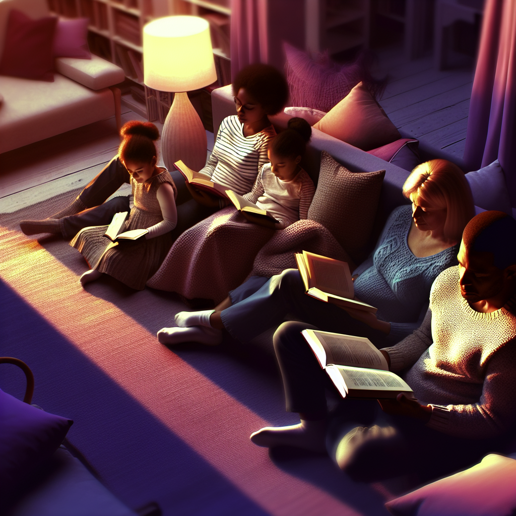 Family Bonding Through Attachment Parenting An image showing a cozy family reading together in calming colors like soft purples and blues.