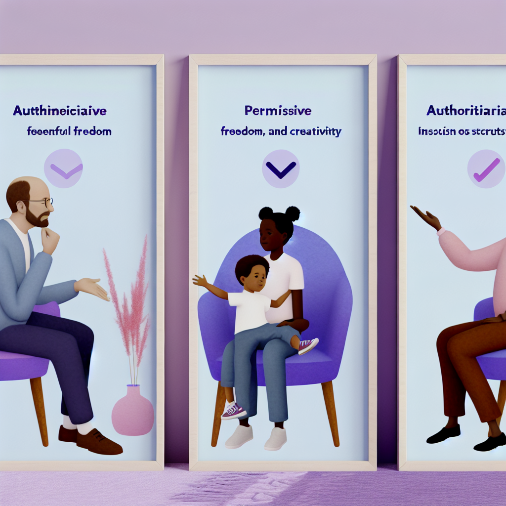 Visual Representation of Parenting Styles Visual representation of parenting styles: authoritative, permissive, and authoritarian, in soft purples and blues.