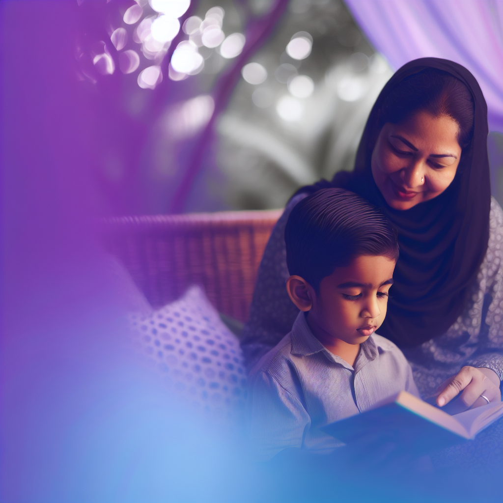 Nurturing Parent-Child Interaction A parent reading a book with a child, surrounded by soft purples and blues, reflecting a nurturing environment.