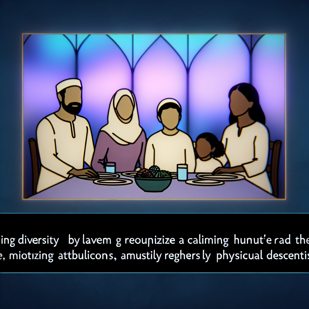Family Dinner and Connection A family dinner scene showcasing attentive parenting, with calming colors like soft purples and blues, emphasizing connection.