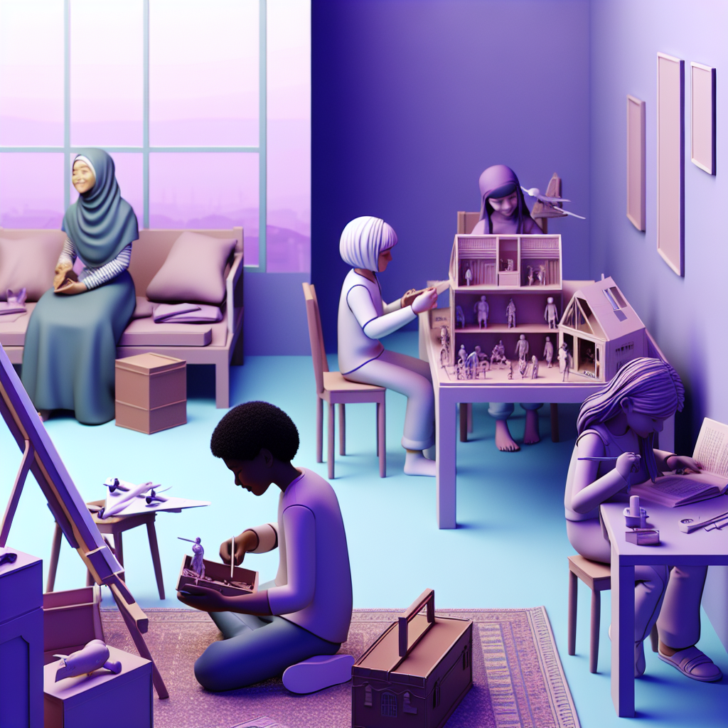 Encouraging Independent Play A calm home environment with children engaged in different activities, illuminated by soft purples and blues for a soothing atmosphere.