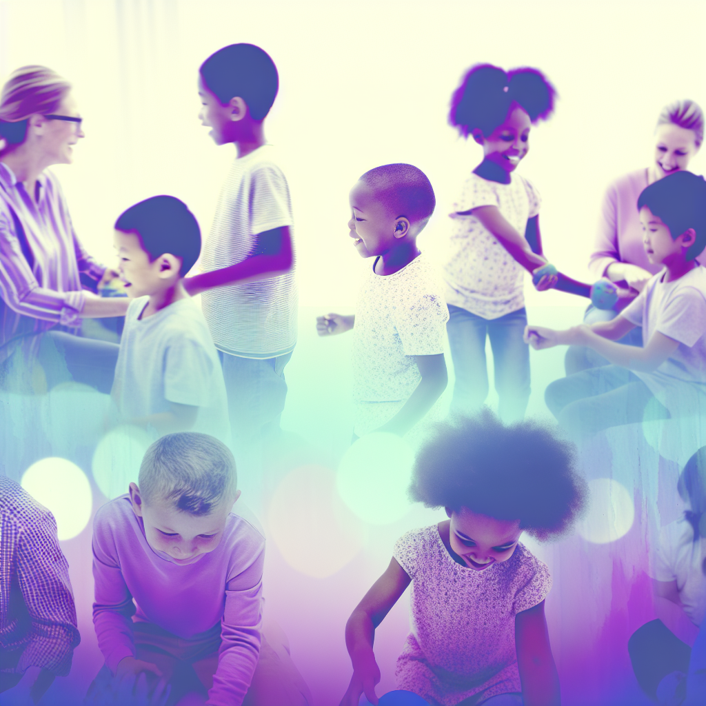 Nurturing Environments and Positive Parenting Children playing and interacting in a nurturing environment, using calming colors like soft purples and blues.