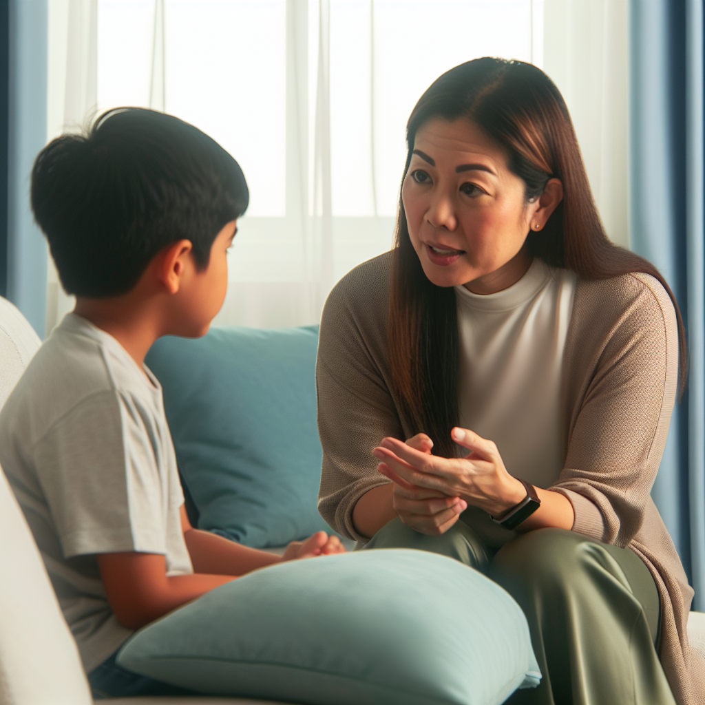 Effective Communication in Parenting A parent and child engaging in a nurturing conversation about rules and boundaries, with calming colors.