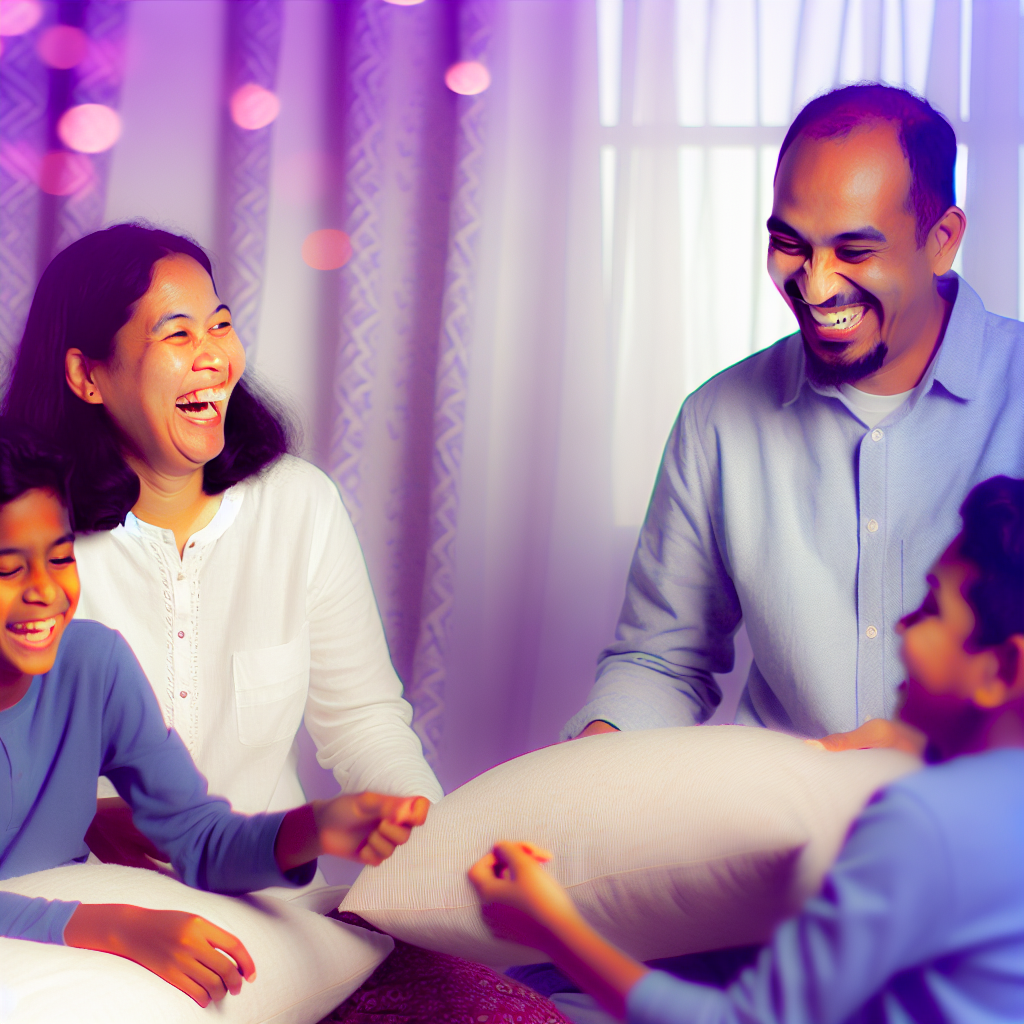 Family Playtime in a Permissive Parenting Environment A warm family scene showing parents and children enjoying a playful moment, featuring soft purples and blues.