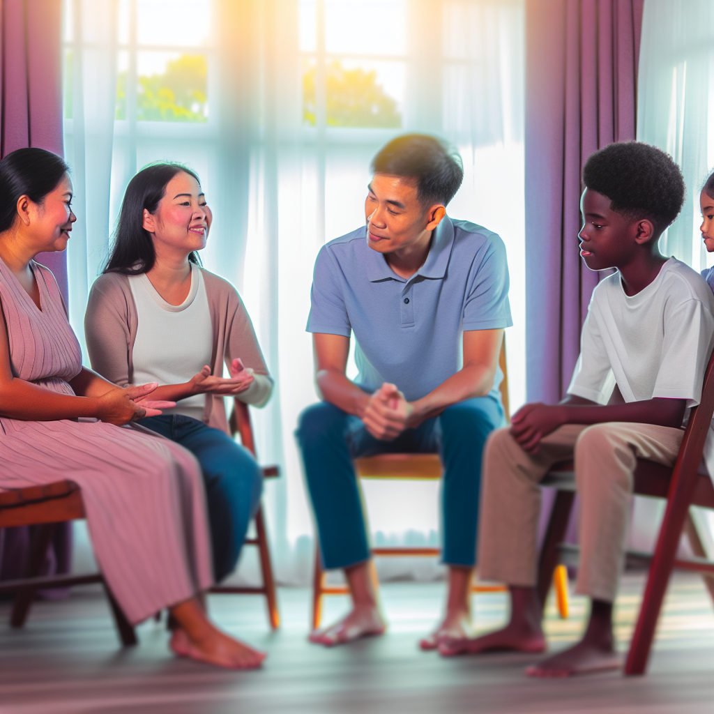 Open Communication in a Permissive Parenting Setting A cozy family discussion in a serene atmosphere, highlighting the importance of communication in permissive parenting with soft purples and blues.