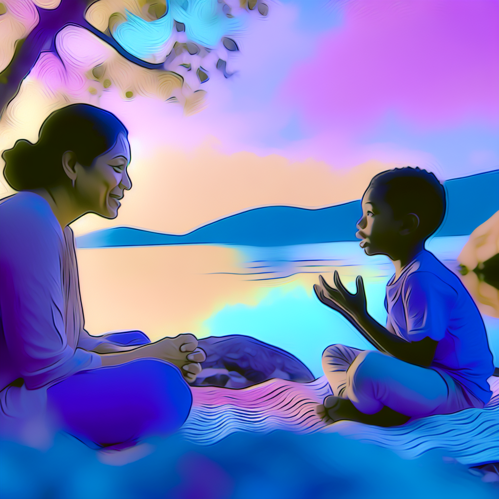Warm Communication in Gentle Parenting A peaceful scene showcasing a parent and child communicating warmly, symbolizing gentle parenting strategies, with soothing colors.