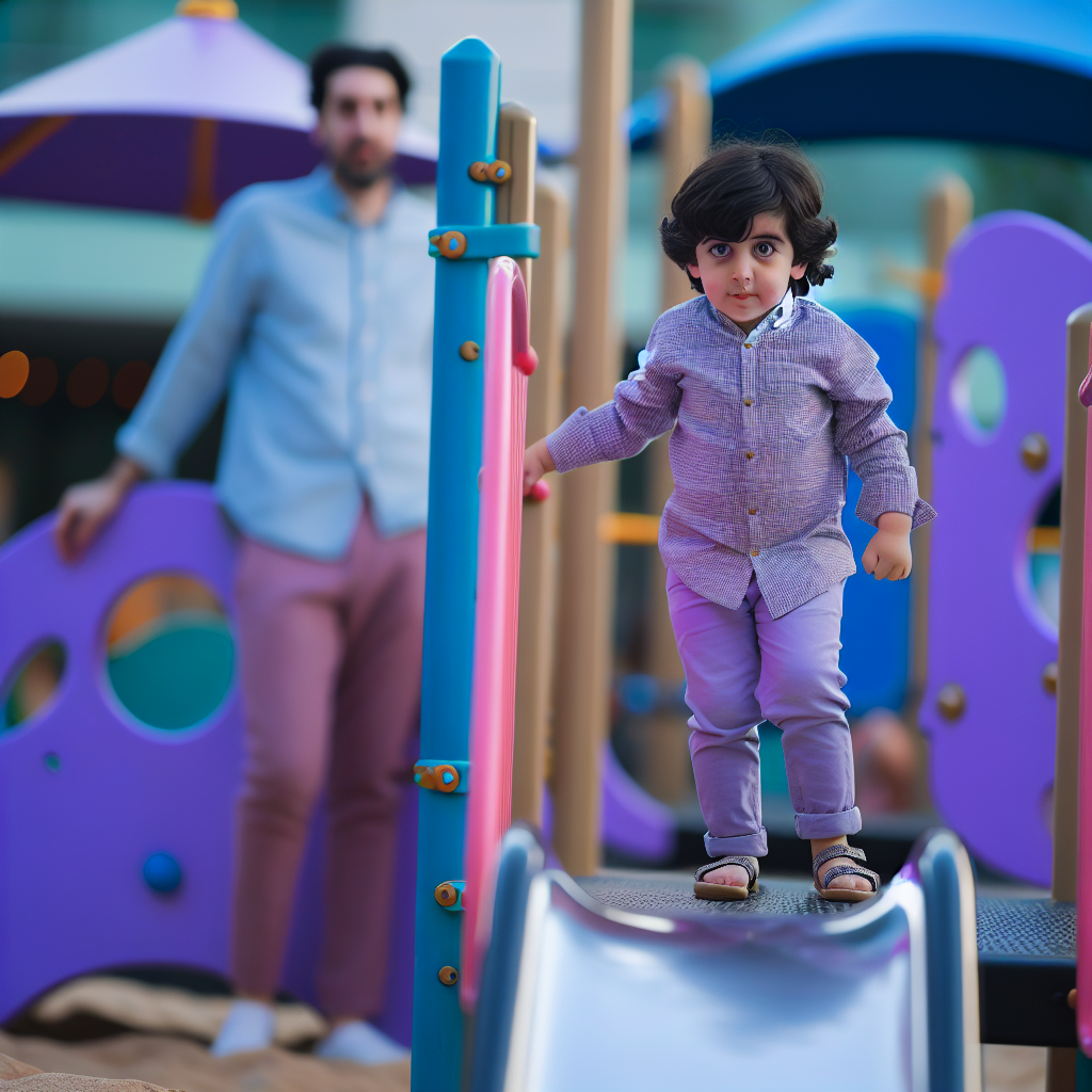 Promoting Child Independence A child confidently exploring a playground while a parent watches from a distance, emphasizing independence with calming colors like soft purples and blues.