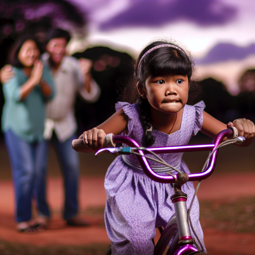 Healthy Independence in Children A child learning to ride a bike with minimal parental intervention, symbolizing healthy independence with calming colors like soft purples and blues.