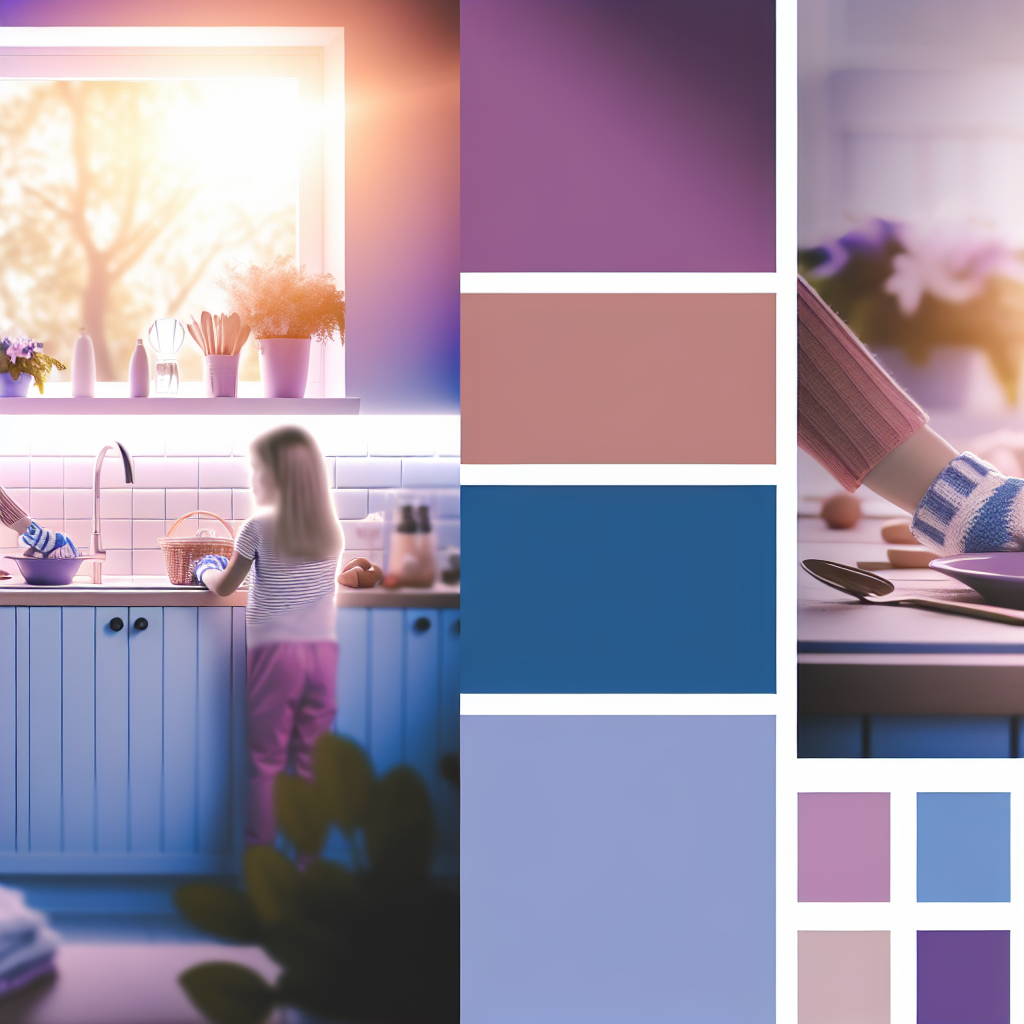 Child Practicing Life Skills in a Kitchen A child practicing life skills like cooking and cleaning in a bright, inviting kitchen with soft purples and blues.