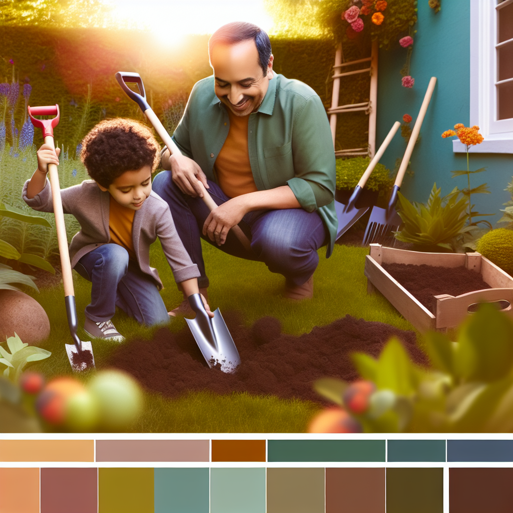 Parent and Child Gardening Together A parent and child engaged in a fun gardening activity showcasing teamwork and responsibility with calming colors.
