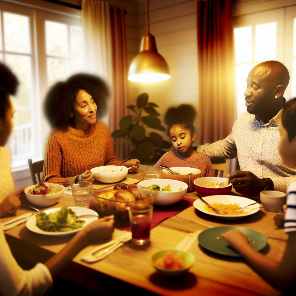 Family Dinner Discussion Promoting Communication A family discussing various topics at the dinner table, promoting communication skills among children in a cozy setting with soft hues.