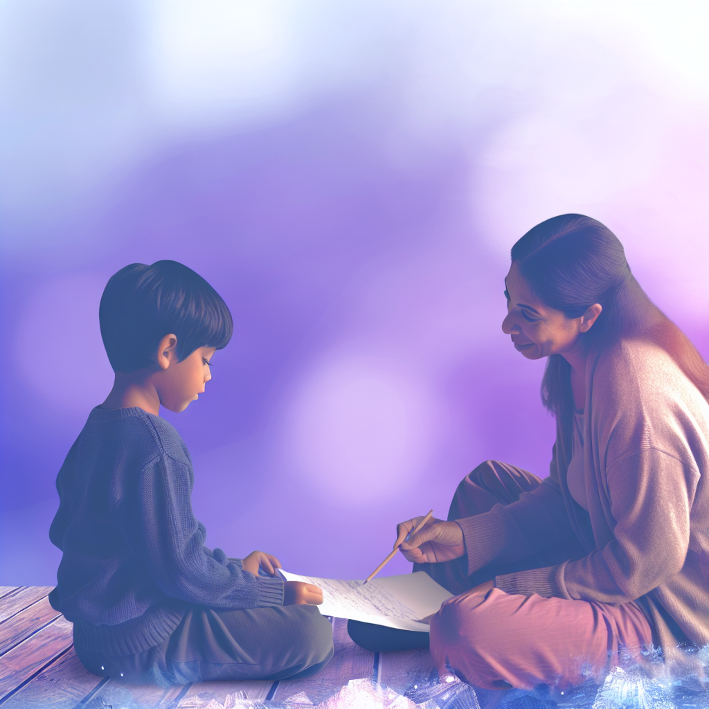 Child setting personal goals with parent Child engaged in setting personal goals with a parent in a calming environment, featuring soft purples and blues.