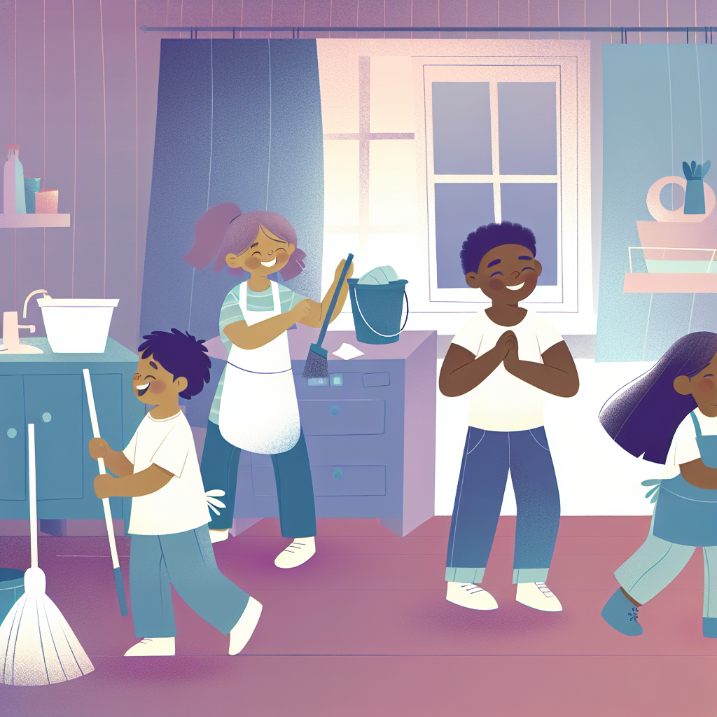 Children enjoying chores together in a playful manner Children happily doing household chores together, showcasing teamwork and fun, in soft purples and blues.