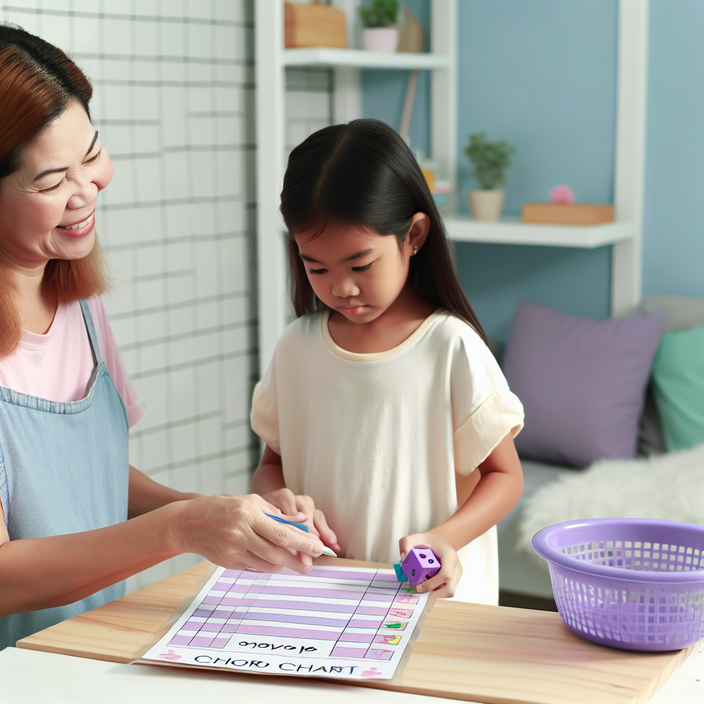 Parent and child creating a fun chore chart A parent and child engaging in a chore chart activity, planning fun chores, with calming colors like soft purples and blues.