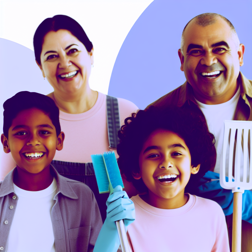 Family collaborating on household tasks with joy A joyful family working together to clean, highlighting collaboration in household tasks, featuring soft purples and blues.