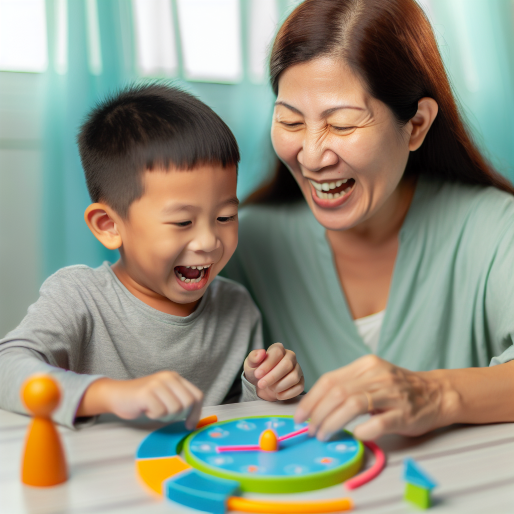 Parent and Child Learning Time Management Through Play A parent and child engaged in a fun time-tracking game, illustrating the joy of learning time management together. The colors are soft and calming.