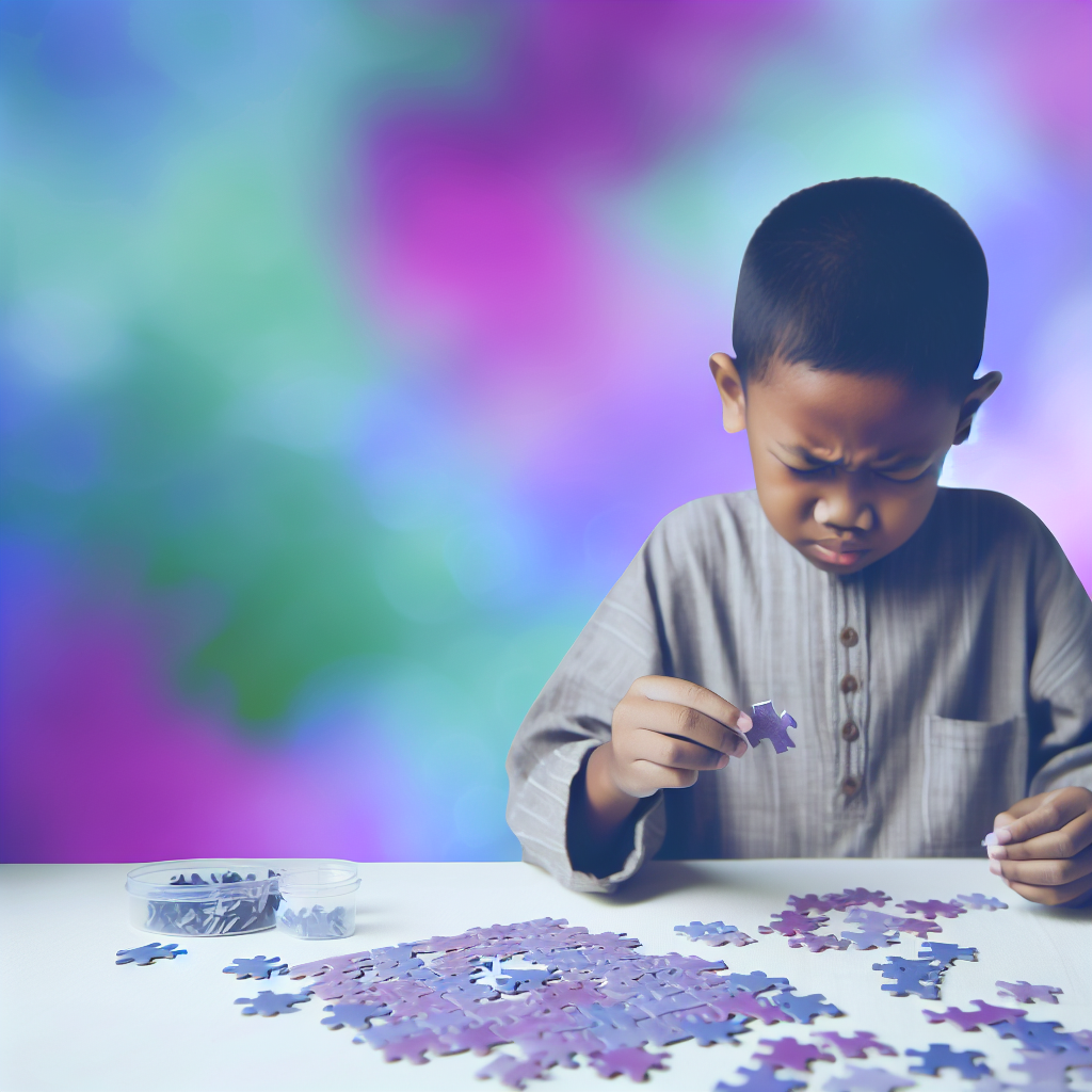 Child demonstrating perseverance while solving a puzzle. A child working on a puzzle, showcasing determination and perseverance, with calming colors like soft purples and blues.