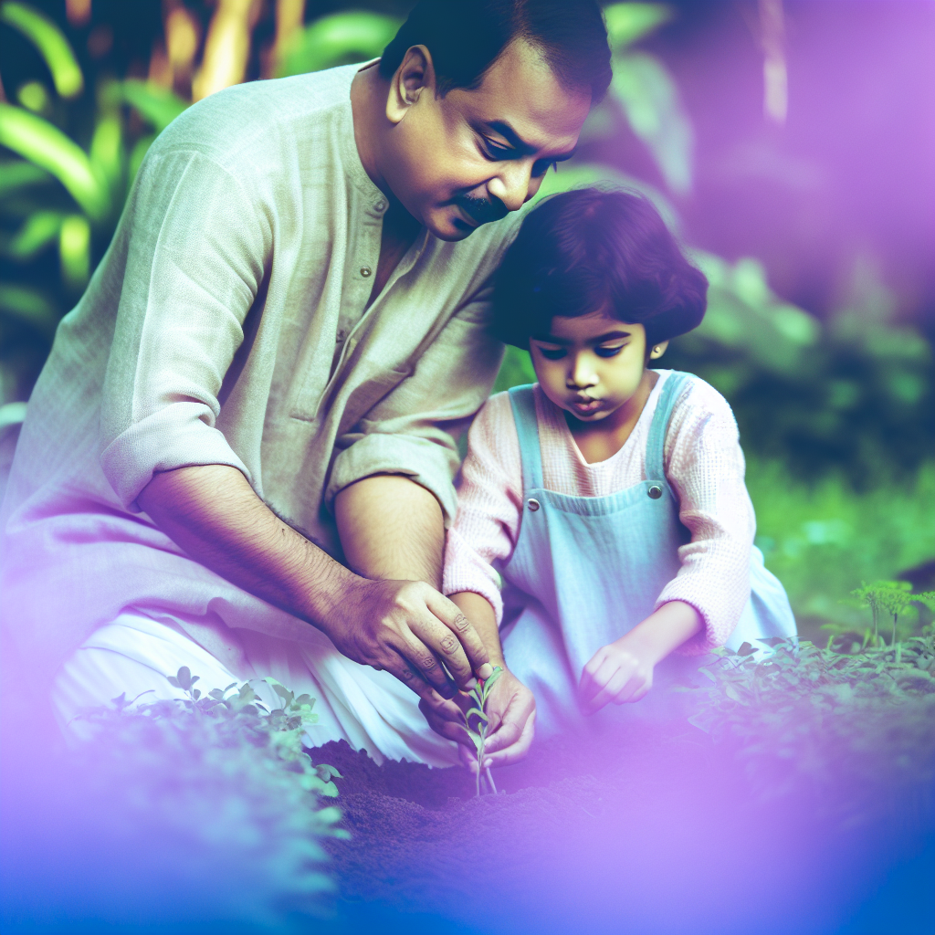 Parent and child planting seeds, illustrating the value of hard work. A parent and child planting seeds in a garden, symbolizing growth and hard work, with a tranquil color palette of soft purples and blues.