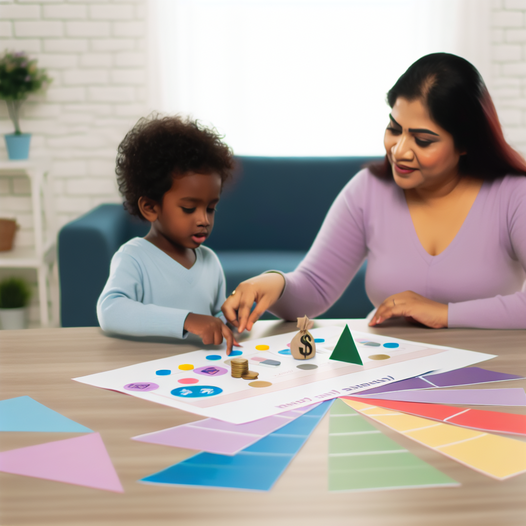 Parent and Child Learning Financial Literacy Together A parent and child engaging in a financial literacy game at a table with colorful charts, emphasizing learning about money management in calming soft purples and blues.